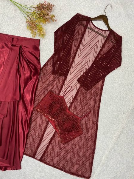 Maroon Butterfly Net Blouse Skirt Shrug Set With Embroidered for Women Ready To Wear Collection
