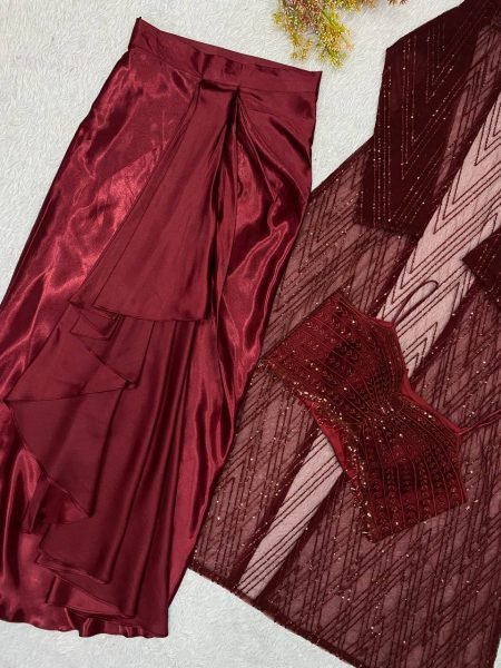 Maroon Butterfly Net Blouse Skirt Shrug Set With Embroidered for Women Ready To Wear Collection