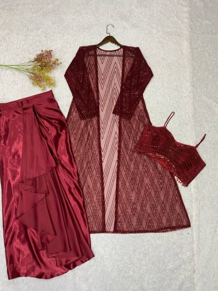 Maroon Butterfly Net Blouse Skirt Shrug Set With Embroidered for Women Ready To Wear Collection