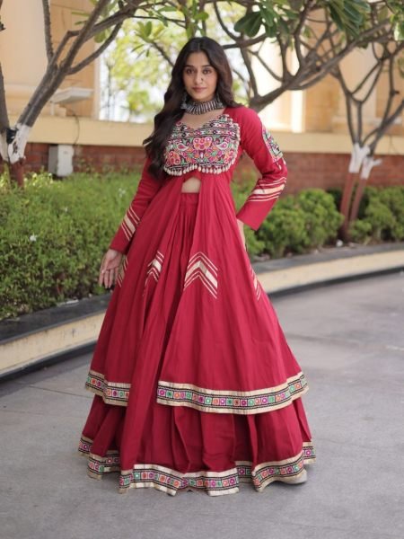 Durable Maroon Designer Kora Cotton Lehenga Set with Full Sleeve Gamthi Mirror Work Shrug  Lehenga