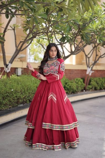Durable Maroon Designer Kora Cotton Lehenga Set with Full Sleeve Gamthi Mirror Work Shrug Navratri Lehnega Choli