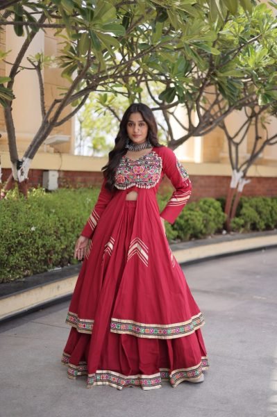 Durable Maroon Designer Kora Cotton Lehenga Set with Full Sleeve Gamthi Mirror Work Shrug Navratri Lehnega Choli