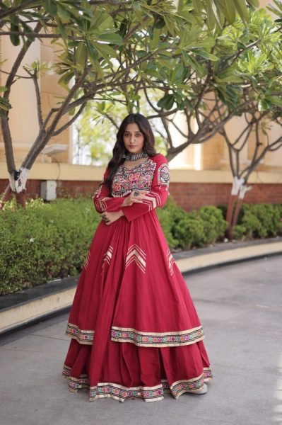 Durable Maroon Designer Kora Cotton Lehenga Set with Full Sleeve Gamthi Mirror Work Shrug Navratri Lehnega Choli