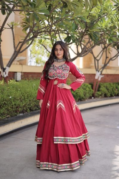 Durable Maroon Designer Kora Cotton Lehenga Set with Full Sleeve Gamthi Mirror Work Shrug Navratri Lehnega Choli