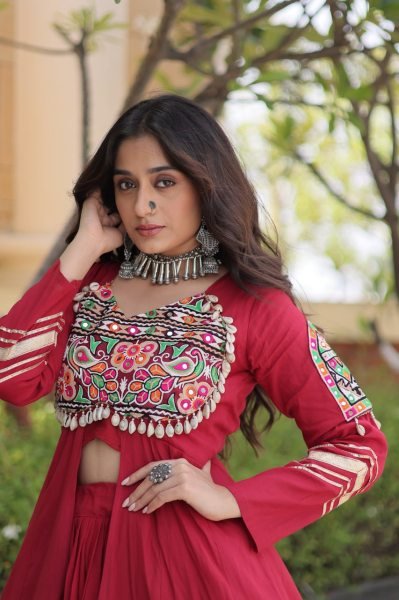 Durable Maroon Designer Kora Cotton Lehenga Set with Full Sleeve Gamthi Mirror Work Shrug Navratri Lehnega Choli