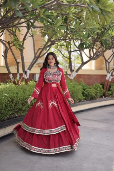 Durable Maroon Designer Kora Cotton Lehenga Set with Full Sleeve Gamthi Mirror Work Shrug Navratri Lehnega Choli