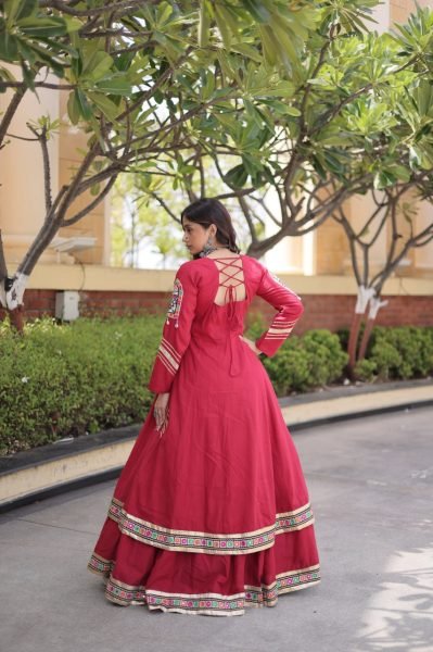 Durable Maroon Designer Kora Cotton Lehenga Set with Full Sleeve Gamthi Mirror Work Shrug Navratri Lehnega Choli
