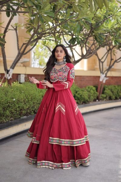 Durable Maroon Designer Kora Cotton Lehenga Set with Full Sleeve Gamthi Mirror Work Shrug Navratri Lehnega Choli