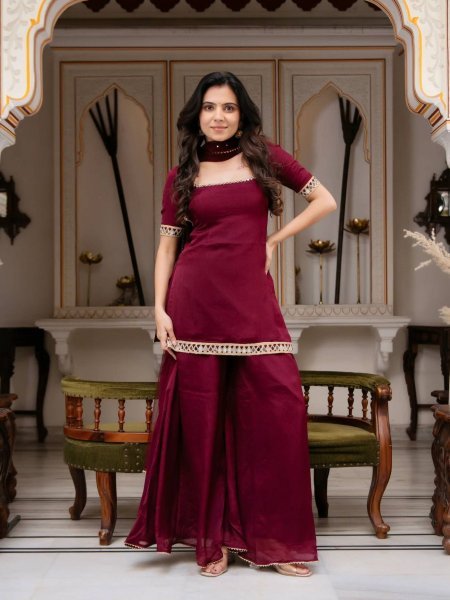 Durable Maroon Festival Wear Faux Georgette Kurti Palazzo Set with Designer Mirror Work 