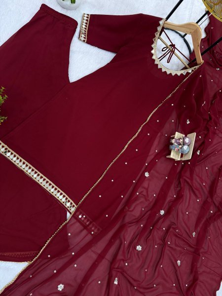 Durable Maroon Festival Wear Faux Georgette Kurti Palazzo Set with Designer Mirror Work Ready To Wear Collection