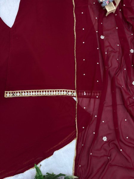 Durable Maroon Festival Wear Faux Georgette Kurti Palazzo Set with Designer Mirror Work Ready To Wear Collection
