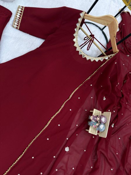 Durable Maroon Festival Wear Faux Georgette Kurti Palazzo Set with Designer Mirror Work Ready To Wear Collection