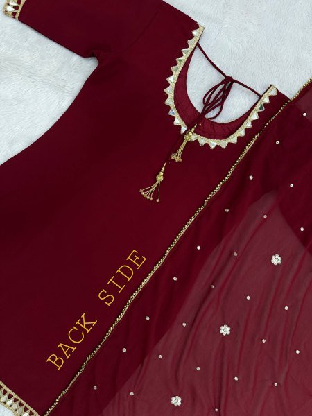 Durable Maroon Festival Wear Faux Georgette Kurti Palazzo Set with Designer Mirror Work Ready To Wear Collection