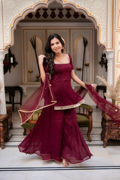 Durable Maroon Festival Wear Faux Georgette Kurti Palazzo Set with Designer Mirror Work Ready To Wear Collection