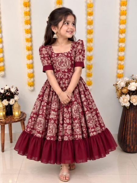 Durable Maroon Kids Girls Digital Printed Soft Silk Gown with Cotton Lining 