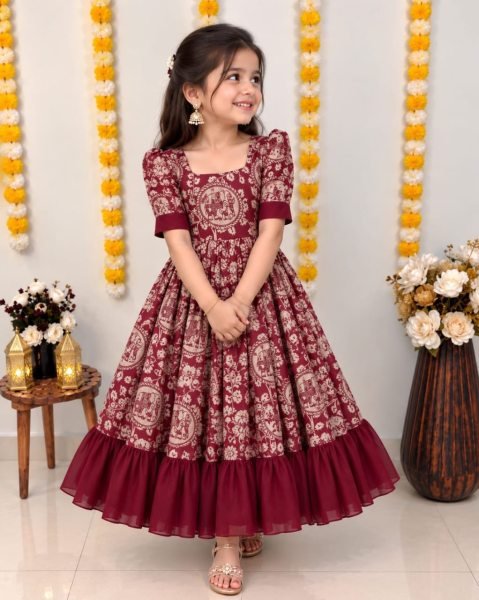Durable Maroon Kids Girls Digital Printed Soft Silk Gown with Cotton Lining Girls Wear