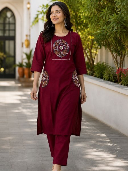 Durable Maroon Rayon Cotton Kurti Set with Mirror Work and Pocket Design 