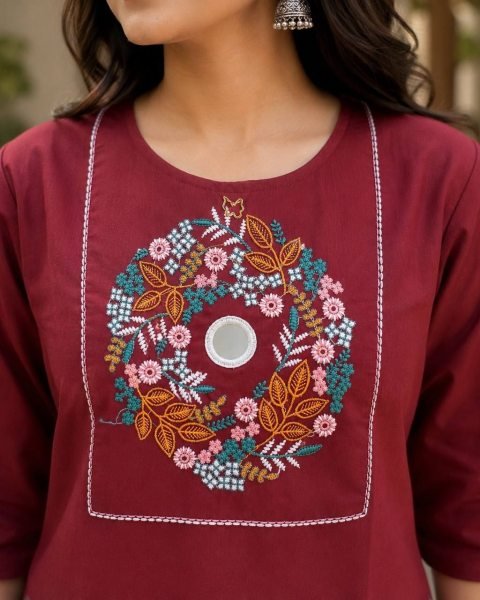 Durable Maroon Rayon Cotton Kurti Set with Mirror Work and Pocket Design Cotton Kurtis Wholesale