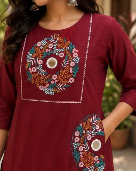 Durable Maroon Rayon Cotton Kurti Set with Mirror Work and Pocket Design Cotton Kurtis Wholesale