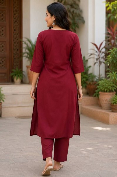 Durable Maroon Rayon Cotton Kurti Set with Mirror Work and Pocket Design Cotton Kurtis Wholesale