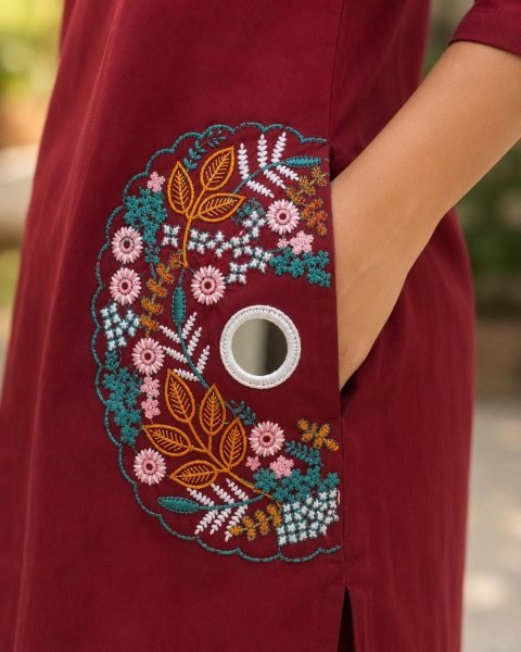 Durable Maroon Rayon Cotton Kurti Set with Mirror Work and Pocket Design Cotton Kurtis Wholesale