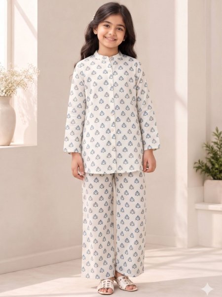 Durable Offwhite Casual Cotton Printed Two-Piece Outfit for Kids Kurtis