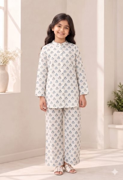 Durable Offwhite Casual Cotton Printed Two-Piece Outfit for Kids Girls Wear