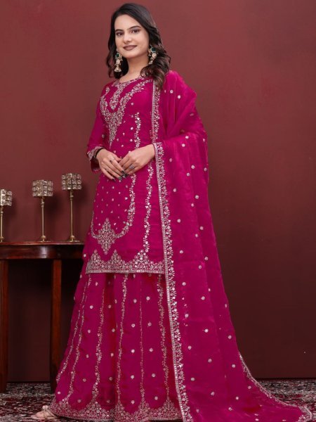 Durable Pink Fendy Silk Sharara Suit with Sequence Embroidery Work for Party Wear Ready To Wear Suit