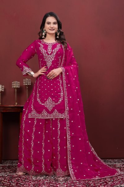 Durable Pink Fendy Silk Sharara Suit with Sequence Embroidery Work for Party Wear Ready To Wear Collection