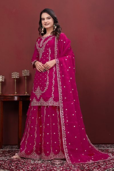 Durable Pink Fendy Silk Sharara Suit with Sequence Embroidery Work for Party Wear Ready To Wear Collection