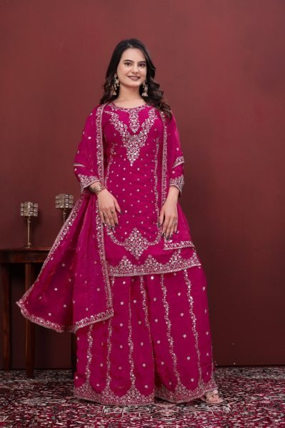 Durable Pink Fendy Silk Sharara Suit with Sequence Embroidery Work for Party Wear Ready To Wear Collection