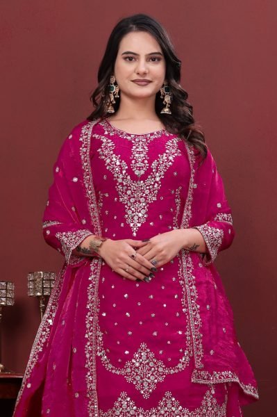 Durable Pink Fendy Silk Sharara Suit with Sequence Embroidery Work for Party Wear Ready To Wear Collection