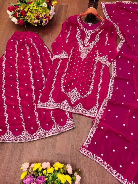 Durable Pink Fendy Silk Sharara Suit with Sequence Embroidery Work for Party Wear Ready To Wear Collection