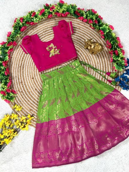 Durable Pink Lehenga with Maggam Work Blouse for Party and Festive Occasions Girls Wear