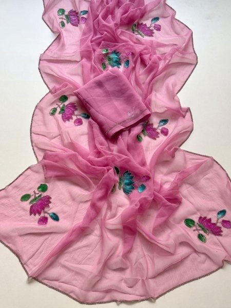 Durable Pink Pure Chiffon Saree with Handbrush Floral Print and Jarkan Stone Work 
