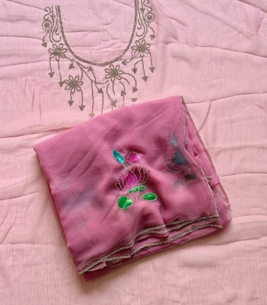 Durable Pink Pure Chiffon Saree with Handbrush Floral Print and Jarkan Stone Work Pure Chiffon Sarees Wholesale