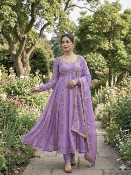 Durable Purple Fendi Satin Gown Set with Sequins Embroidery for Wedding Wear Ready To Wear Suit