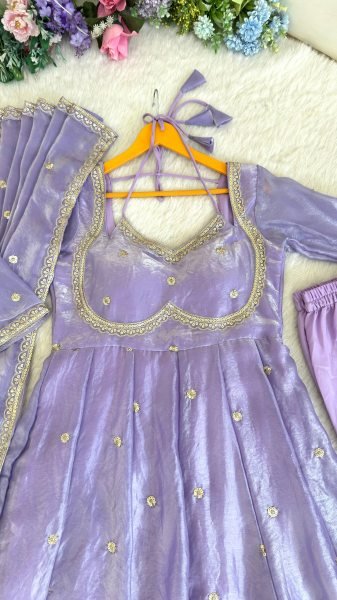 Durable Purple Fendi Satin Gown Set with Sequins Embroidery for Wedding Wear Ready To Wear Collection