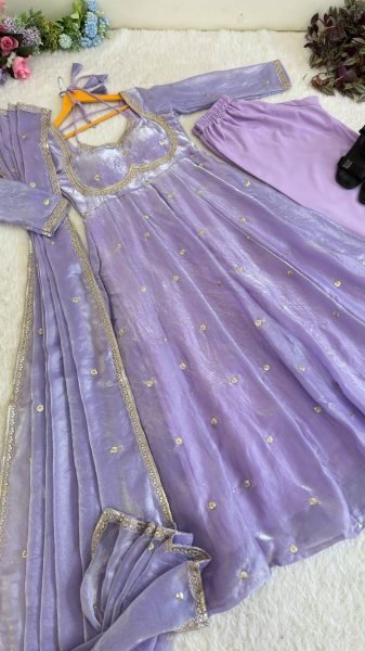 Durable Purple Fendi Satin Gown Set with Sequins Embroidery for Wedding Wear Ready To Wear Collection