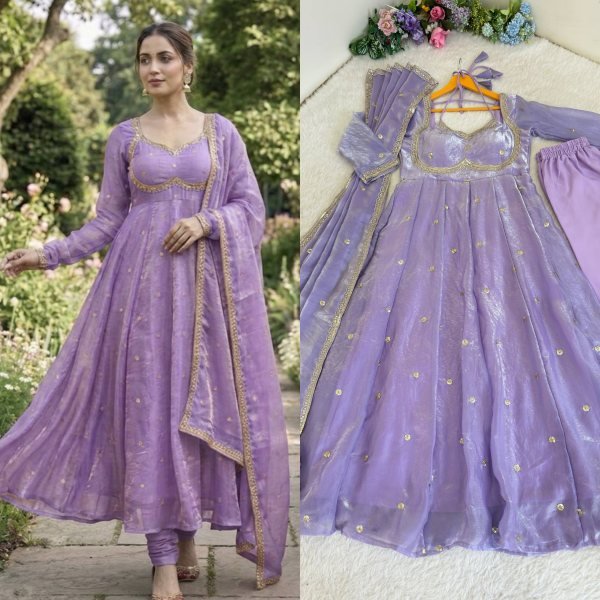 Durable Purple Fendi Satin Gown Set with Sequins Embroidery for Wedding Wear Ready To Wear Collection