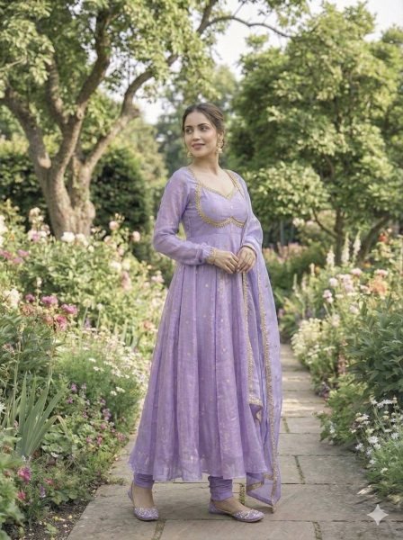 Durable Purple Fendi Satin Gown Set with Sequins Embroidery for Wedding Wear Ready To Wear Collection