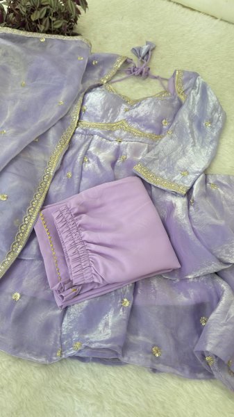 Durable Purple Fendi Satin Gown Set with Sequins Embroidery for Wedding Wear Ready To Wear Collection