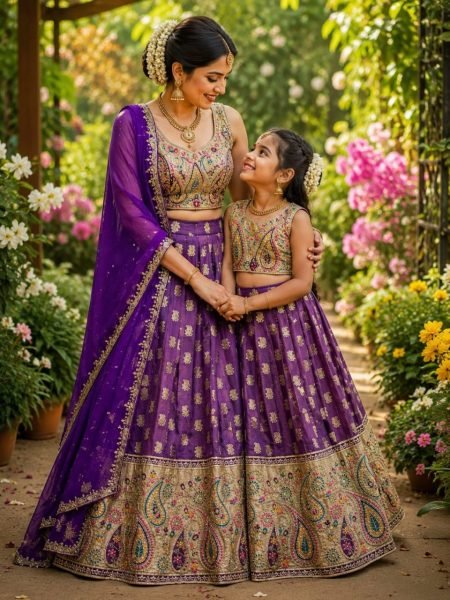Durable Purple Mother Daughter Matching Lehenga Choli Combo Set Mom-Doughter Collection