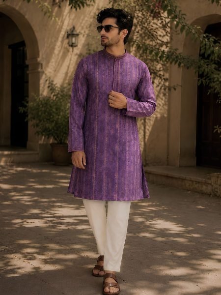 Durable Purple Premium Raymond Cotton Pyjama with Designer Jacquard Kurta 
