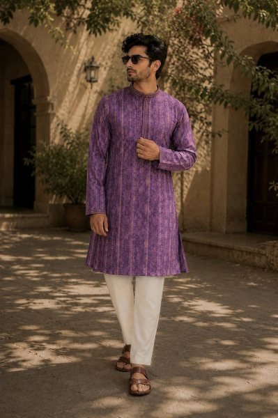 Durable Purple Premium Raymond Cotton Pyjama with Designer Jacquard Kurta Kurta Pajama Wholesale