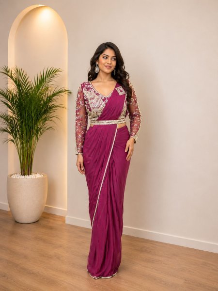 Durable Rani Pink Ready to Wear Imported Lycra Saree with Stitched Blouse At Wholesale  Sarees 