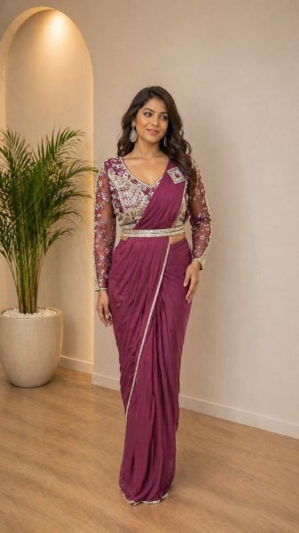 Durable Rani Pink Ready to Wear Imported Lycra Saree with Stitched Blouse At Wholesale  Ready To Wear Saree 