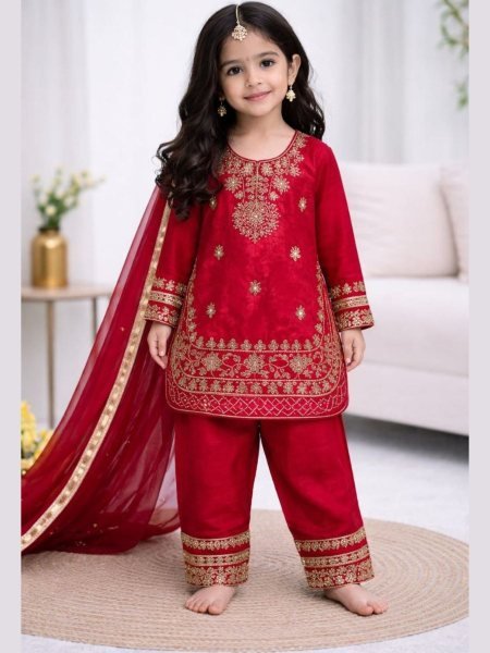 Durable Red Comfortable Kids Silk Dress for Festive Wear Kurtis