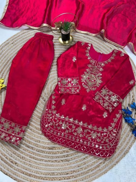 Durable Red Comfortable Kids Silk Dress for Festive Wear Girls Wear