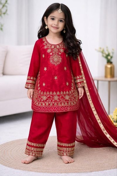 Durable Red Comfortable Kids Silk Dress for Festive Wear Girls Wear